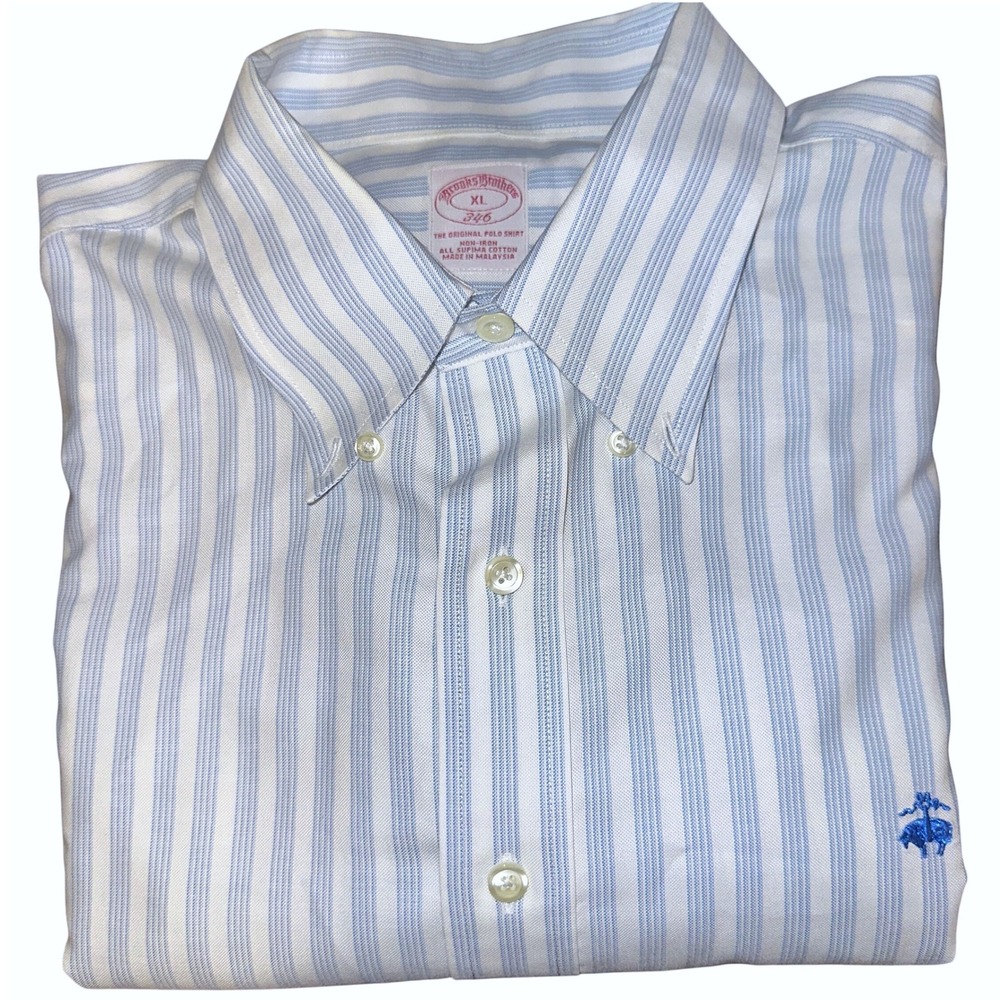 Brooks Brothers 346 Shirt Mens XL Blue White Stripe Non-Iron Supima Cotton Polo